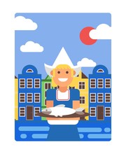 Netherlands Poster In Simple Flat Style, Vector Illustration. Smiling Girl In Traditional Dutch Costume Holding Dish With Herring, Old Houses Of Amsterdam On Background