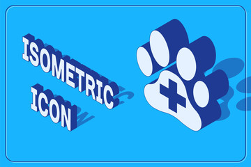 Isometric Veterinary clinic symbol icon isolated on blue background. Cross hospital sign. A stylized paw print dog or cat. Pet First Aid sign. Vector Illustration