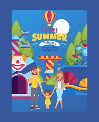 Wall Mural - Happy family in amusement park, vector illustration. Parents with children on holiday together having fun at fairground. Summer vacation with kids in amusement park