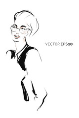 Wall Mural - Young stylish woman in glasses. Fashion illustration in sketch style