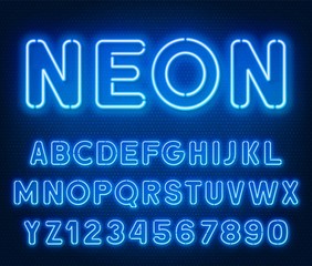 Aufkleber - Neon rounded blue font, glowing alphabet with numbers. on a dark background.