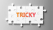 Tricky complex like a puzzle - pictured as word Tricky on a puzzle pieces to show that Tricky can be difficult and needs cooperating pieces that fit together, 3d illustration