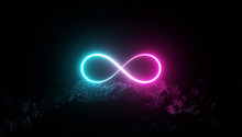 Futuristic Retro Infinite Sign Neon Light Glowing On Rocky Ground, 3d Render, Black Background, Pink Blue Color.