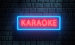 3d render of light night street neon Karaoke sing on brick wall. Advertising signboard for karaoke music bar, night club, disco night, retro party, show, live music