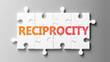 Reciprocity complex like a puzzle - pictured as word Reciprocity on a puzzle pieces to show that Reciprocity can be difficult and needs cooperating pieces that fit together, 3d illustration