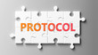 Protocol complex like a puzzle - pictured as word Protocol on a puzzle pieces to show that Protocol can be difficult and needs cooperating pieces that fit together, 3d illustration