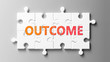 Outcome complex like a puzzle - pictured as word Outcome on a puzzle pieces to show that Outcome can be difficult and needs cooperating pieces that fit together, 3d illustration