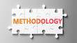 Methodology complex like a puzzle - pictured as word Methodology on a puzzle pieces to show that Methodology can be difficult and needs cooperating pieces that fit together, 3d illustration