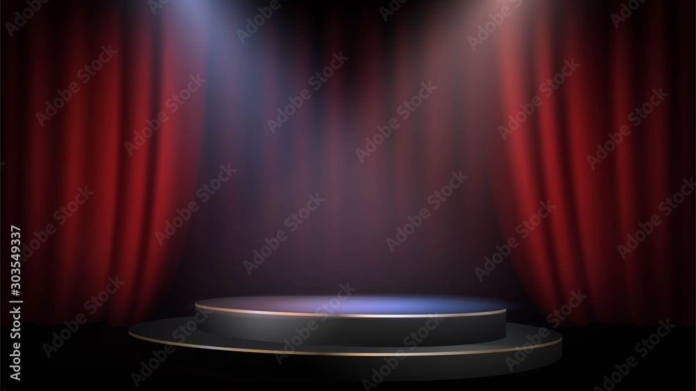 Empty scene with a red curtain and spotlights. Concert, show, performance - obrazy, fototapety, plakaty 