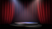 Empty Scene With A Red Curtain And Spotlights. Concert, Show, Performance