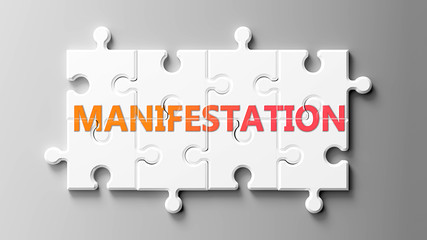 Poster - Manifestation complex like a puzzle - pictured as word Manifestation on a puzzle pieces to show that Manifestation can be difficult and needs cooperating pieces that fit together, 3d illustration