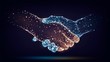 Two hands of glowing particles, orange and blue, handshake,  business, trust concept