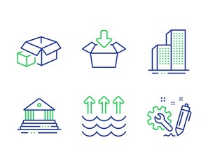 Poster - evaporation, skyscraper buildings and court building line icons set. get box, packing boxes and engi