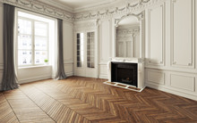 Empty Room Of An Elegant Residence With Fireplace ,white Trim Victorian Accent Interior Space And Herringbone Wood Flooring. Photo Realistic 3d Illustration. 3d Rendering