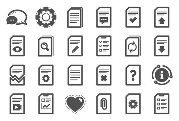 Aufkleber - Document Management icons. Set of Report, Checklist and Copy icons. Download file, Remove and Attach clip symbols. Search, Edit management document and Corrupt report file. Checklist copy. Vector