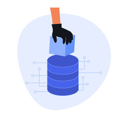 Poster - Database leaks. Hand of the hacker steels valueable data from the computer system. Lack of protection of on-premise data. IT security issues.