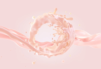 Liquid cosmetic 3D hydration fluid splash isolated on pink pastel background. Glossy fluid, foundation, cream, liquid texture shampoo, face skin care cosmetic soap, concealer wave liquid splash ads