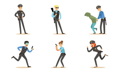 Sticker - Police Characters In Daily Dangerous Work Vector Illustration Set Isolated On White Background