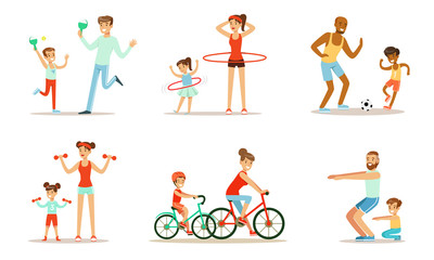 Wall Mural - Joint Activity Of Parents And Children, Sports And Exercises Vector Illustration Set Isolated On White Background