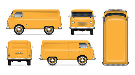 Old yellow van vector mockup on white background. Isolated minivan view from side, front, back and top. All elements in the groups on separate layers for easy editing and recolor