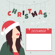 Christmas Calendar. December. Girl In Santa Hat.