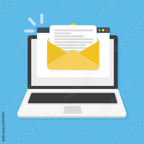 Fotomural Laptop with envelope and document on screen. E-mail, email icon
