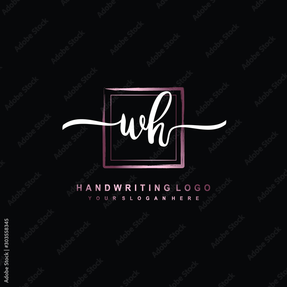WH Initial handwriting logo design with brush box lines dark pink color ...