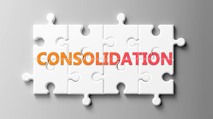 Poster - Consolidation complex like a puzzle - pictured as word Consolidation on a puzzle pieces to show that Consolidation can be difficult and needs cooperating pieces that fit together, 3d illustration