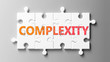 Complexity complex like a puzzle - pictured as word Complexity on a puzzle pieces to show that Complexity can be difficult and needs cooperating pieces that fit together, 3d illustration
