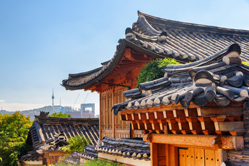 Scenic black tile roofs of traditional Korean houses in Seoul