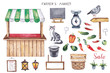 Great watercolor set. Street tent with vegetables and fruits. The illustration contains elements such as carrots, apples, peppers, avocados, boxes, scales, dove, cat, tent on a white background.