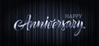 Anniversary vector text banner, letter, poster. Happy Anniversary 3d silver text on black curtain background. Luxury premium concept for card, logo, party, jubilee, business, wallpaper.
