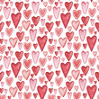 Seamless watercolor pattern with little pink and red hand-drawn hearts for St. Valentine's Day Hearts for Valentine's Day.