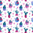 Hand drawn watercolor seamless pattern with cacti and hearts for making cards, wrapping paper and scrapbooking. Cacti with cute eyes in turquoise, blue and pink colors for your own design.