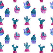 Hand drawn watercolor seamless pattern with cacti for making cards, wrapping paper and scrapbooking. Cacti with cute eyes in turquoise, blue and pink colors on white background for your own design.