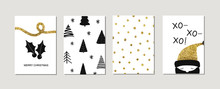Set Of Christmas New Year Winter Holiday Cute Golden Greeting Cards With Gold Texture Objects. Vector Abstract Trendy Illustration In Minimalistic Black White Hand Drawn Flat Style