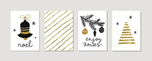 Wall Mural - Set of christmas new year winter holiday cute golden greeting cards with gold texture objects. Vector abstract trendy illustration in minimalistic black white hand drawn flat style
