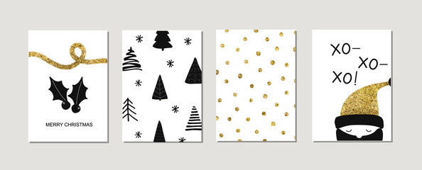 Wall Mural - Set of christmas new year winter holiday cute golden greeting cards with gold texture objects. Vector abstract trendy illustration in minimalistic black white hand drawn flat style
