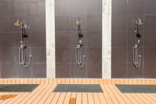 Outdoor Shower Area  Design At The Beach, Seaside Or Swimming Pool. For Person To Take A Bath And Clean Up From Sea Water. Vacation And Day Off Concept, Luxury And Beautiful Decorate Facility.