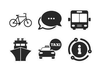 Wall Mural - Taxi car, Bicycle, Public bus and Ship signs. Chat, info sign. Transport icons. Shipping delivery symbol. Speech bubble sign. Classic style speech bubble icon. Vector