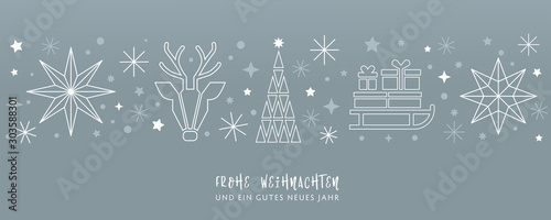 Fotografía Weihnachtsgruss silberner Hintergrund - Sterne, Weihnachtsbaum, Rentier und Gesc