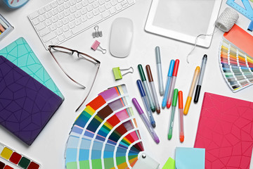 Aufkleber - Flat lay composition with color palette and stationery on white background. Designer's workplace