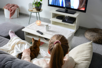 Domestic life with pet. A young woman is sitting on the couch with her cat on her lap in the living room. She watches TV while stroking her cat. Woman binge watching tv via online streaming platform.