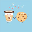Cute vector illustration of a take away coffee cup and a chocolate cookie. Kawaii food characters. Smiling hot beverage and tasty snack. Card, poster, print design for cafe, restaurant, cafeteria.
