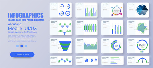 Fototapete - Modern infographic vector template with statistics graphs and finance charts. Detailed infographics. UI, UX, KIT, GUI elements(Charts, infographics, bars, data panels, diagrams, Admin) Design template