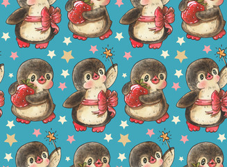 Seamless pattern with cute penguins