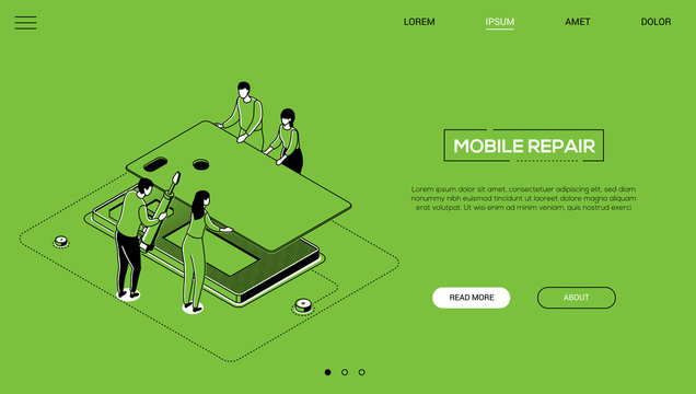 Mobile repair service - line design style isometric web banner