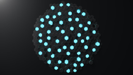 Poster - black geometric hexagonal abstract background. surface polygon pattern with blue glowing hexagons, h