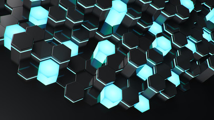 Wall Mural - Black geometric hexagonal abstract background. Surface polygon pattern with blue glowing hexagons, honeycomb. Abstract blue self-luminous hexagons. Futuristic abstract background 3D Illustration