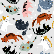 Seamless Childish Pattern With Colorful Cats In Different Poses . Creative Kids Hand Drawn Texture For Fabric, Wrapping, Textile, Wallpaper, Apparel. Vector Illustration